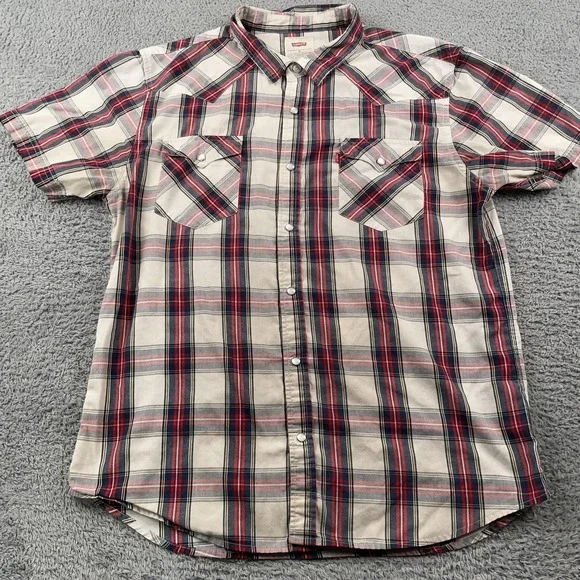 Levis Shirt Mens Extra Large Red Blue Plaid Western Pearl Snap Short Sleeve - Picture 2 of 11